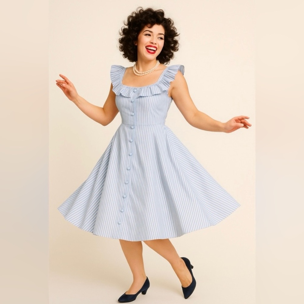 Unique Vintage Magnolia Place Blue & White Striped Barbara Swing Dress, 3x, NWT! - Picture 5 of 13